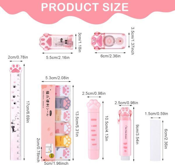 TIESOME Cute Cat Paw Stationery Set, 7 Pcs Kawaii Cartoon School Supplies Includes Sharpener Retractable Eraser Correction Tape Sticky Notes Ruler Eraser Replacement Core for Cat Lovers Students - Image 4