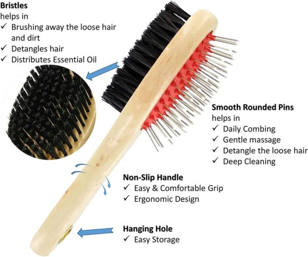 Wooden Dog Brush Double Sided Pet Hair Grooming Brush Dog Pin Brush and Bristle Soft Brush, Dogs Comb and Brush Grooming Tools for Cleaning for Dogs & Cats with Long or Short Hair Red - Image 4