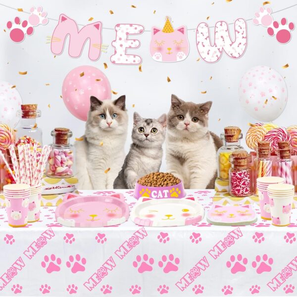 107 PCS Cat Birthday Party Supplies - Kitten MEOW Banner, Cat Paper Plates, Napkins, Cups and Tablecloth for Girl Pet Cat Party Decorations, Serve 20 Guests - Image 3