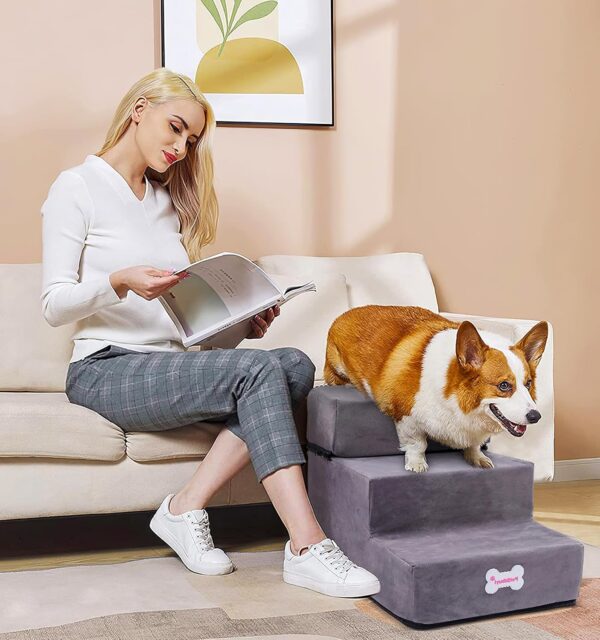 The Fellie Dog Stairs for Small Dogs, 2 Layers Dog Steps for Bed Sofa, 2/3 Steps in One, Height Adjustable Pet Steps for Small Older Injured Dogs Cats, Non-Slip Dog stairs with Washable Cover, Grey - Image 7