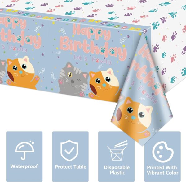 QUERICKY 4 Pack Cat Themed Happy Birthday Tablecloths, 220x130cm Kitten Cat Birthday Rectangle Table Covers for Kids Birthday Party Decorations, Kitten Theme Party Supplies - Image 7