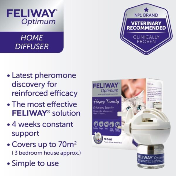 FELIWAY Optimum diffuser & 30 day refill, the best solution to ease cat anxiety, cat conflict and stress in the home, 48 ml (Pack of 1) - Image 4