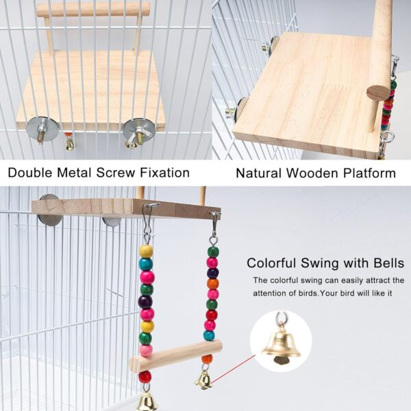 TeTupGa Bird Perches Cage Toys, Parrot Wooden Platform Stand with Swing Bell Swing Hanging Standing Chewing Toy Bird Cage Accessories for Parakeet, Cockatiels, Conures, Budgie, Lovebird - Image 6