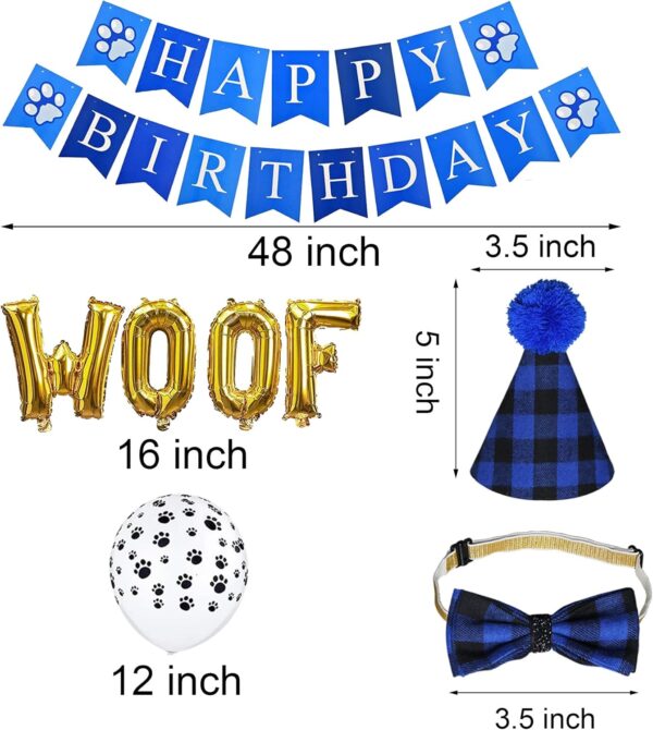 JOTFA Dog Birthday Party Supplies, Plaid Dog Birthday Boy Bandana with Dog Birthday Number Hat Bowtie Paw WOOF Balloons Happy Birthday Banner for Small Medium Large Dogs Pets - Image 4