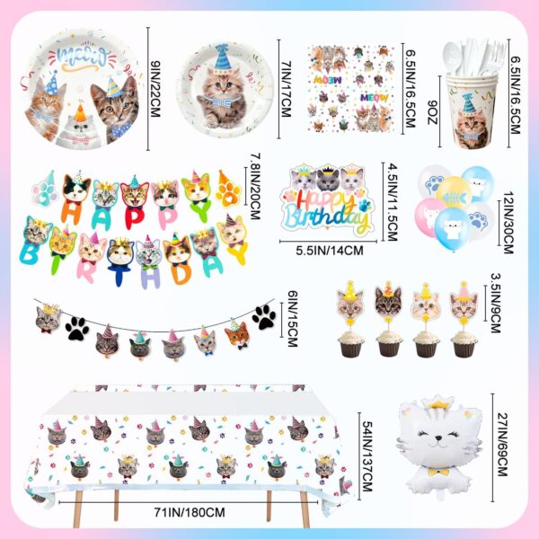 Fruitful Party Cat Supplies, 167pcs Birthday Decorations&Tableware Set-Cat Balloons, Plates Cups and Napkins Table Cloth&Cat Cake Toppers Banner Kitten Party Supplies, 7''&9'' (2023052509) - Image 6