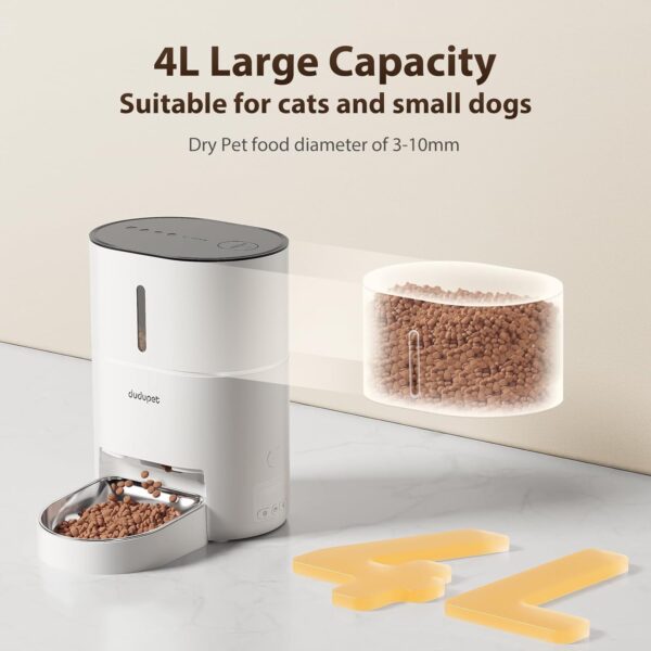 DUDUPET Automatic Cat Feeder, 4L Cat Food Dispenser Cat Feeder Automatic, 2.4G WIFI Remote Control Dual Power Supply, 10-Second Voice Recording, Stainless Steel Bowl, Suitable for Small Dogs and Cats - Image 4