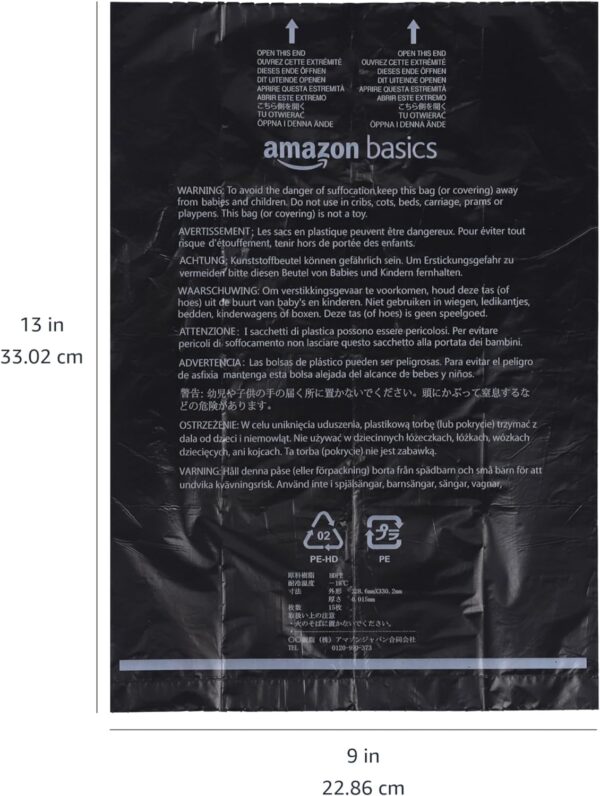 Amazon Basics Dog Poop Bags With Dispenser and Leash Clip, Unscented, 300 Count (15 Packs of 20), Black, 13 Inch x 9 Inch - Image 5