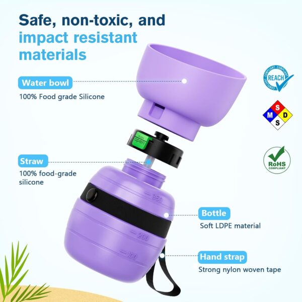 Pecute Dog Water Bottle 350ml, Portable Puppy Drinking Bottles Leak Proof Pet Travel Bottle, Lightweight Water Dispenser Bowl for Outdoor Walks Trips Hikes Travels, Purple - Image 4