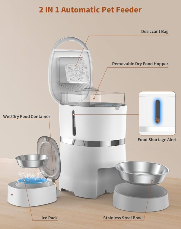 WellToBe Automatic Cat Feeder for Wet Food with Ice Pack and Freshness Dry Food Desiccant for Cats and Small Dogs, Timed Automatic Pet Feeder with Voice Recorder, 1-6 Meals Control, Dual Power Supply - Image 2