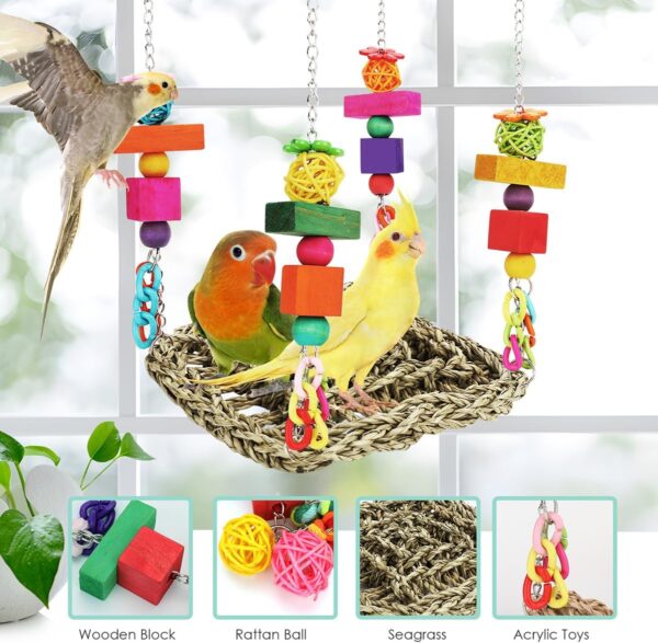 Bird Toys Parakeet Toys Conure Toys Bird Foraging Wall Toy,Seagrass Woven Hammock Swing Mat for Climb Perch Swing with Colorful Wooden Chewing Toys for Lovebirds,Parakeets,Conure,Cockatiel (Middle) - Image 2