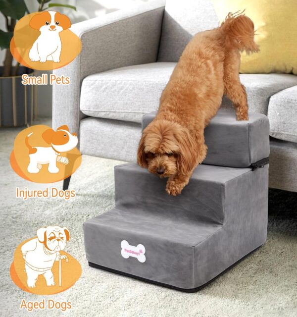 The Fellie Dog Stairs for Small Dogs, 2 Layers Dog Steps for Bed Sofa, 2/3 Steps in One, Height Adjustable Pet Steps for Small Older Injured Dogs Cats, Non-Slip Dog stairs with Washable Cover, Grey - Image 4