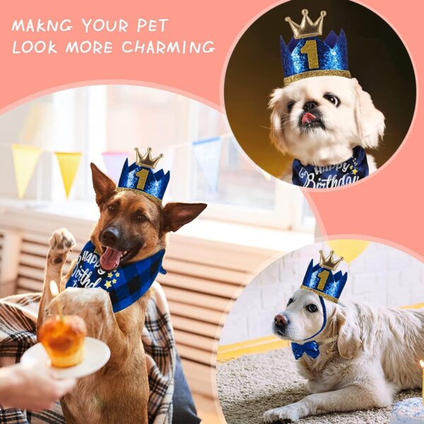 Crown Dog Birthday Hat,4PCS Cute Dog Birthday Hat and Bandana with Dog Bow Tie and Gold Numbers Reusable Dog Birthday Party Supplies for Pet Puppy Cats Small Medium Dogs (New Blue) - Image 4