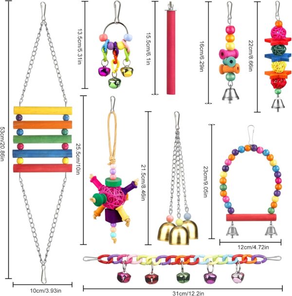 YIXUND Bird Toys for Conures with Colorful Ladder Hammock Bird Cage Accerious Bird Perch Stand Chewing Toys Hanging Bell Parrot Parakeet Cockatiel Lovebirds - Image 6