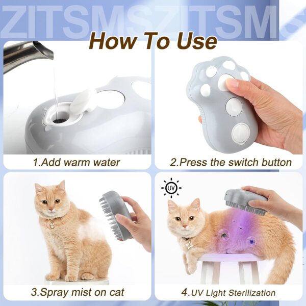 Cat Steam Brush, 4 in 1 Cat Steamy Brush Cleanser, Dog Massage Grooming Brush with Release Button, Pet Hair Cleaning Shedding Comb for Kitten by ZITSMS(Grey Paw) - Image 6