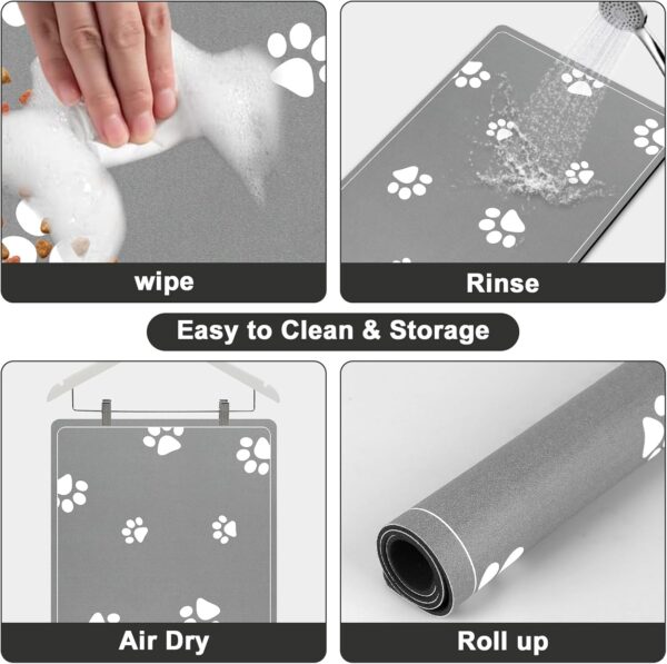 Mavicen Absorbent Pet Feeding Mat, 40 * 60cm Dog Food and Water Bowl Mat for Messy Drinkers, Non Slip Rubber Backing Pet Feeding Placemats, Dog Water Dispenser Drying Mat, Light Gray - Image 4