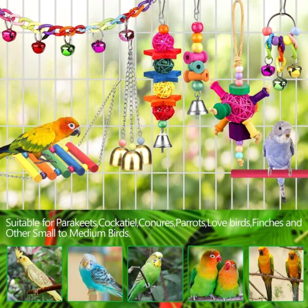 YIXUND Bird Toys for Conures with Colorful Ladder Hammock Bird Cage Accerious Bird Perch Stand Chewing Toys Hanging Bell Parrot Parakeet Cockatiel Lovebirds - Image 3