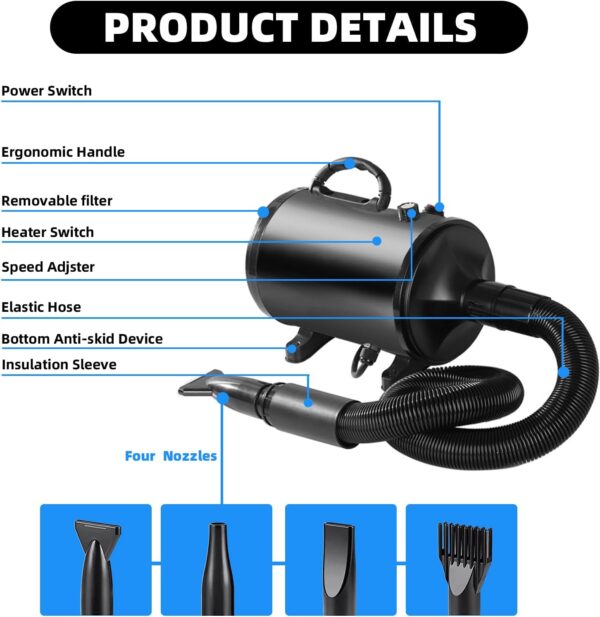 Memows Dog Hair Dryer, 2800W Pet Grooming Hair Dryer, Stepless Speed Dog Blaster Dryer, High Velocity Pet Dryer Blower with 4 Different Nozzles, Low Noise Hair Dryer for Dogs Cats Pets (Black) - Image 2