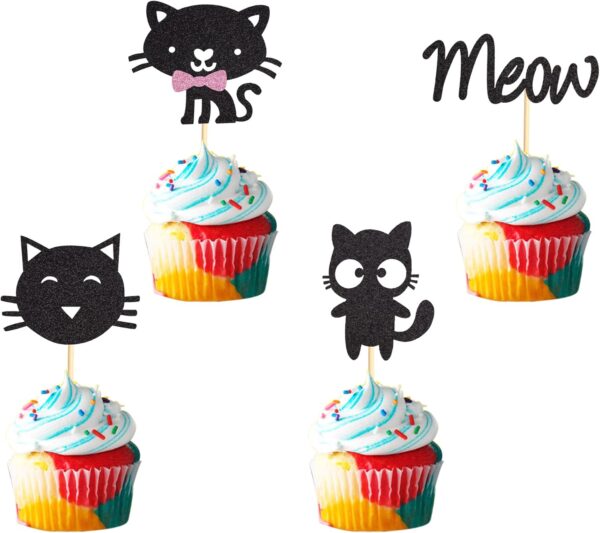 Arthsdite 24Pcs Cat and Meow Cupcake Toppers Kitten Cat Cupcake Food Picks Cat Lover Kitten Theme Baby Shower Kids Birthday Wedding Party Cake Decorations Supplies - Black Glitter - Image 2