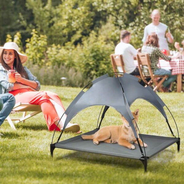 COSTWAY Raised Dog Bed, Elevated Pet Cot with Removable Canopy, Breathable Fabric & Steel Frame, Portable Cooling Dog Bed Tent for Camping Beach Lawn - Image 2