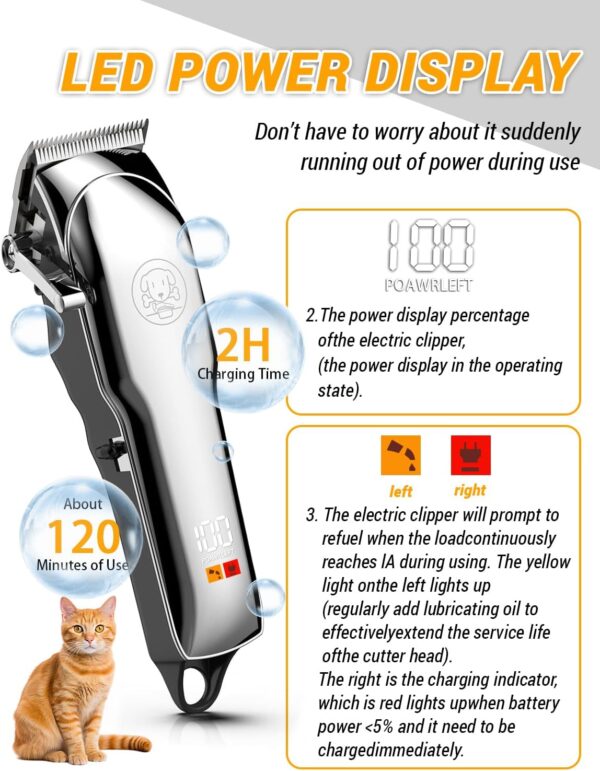 Dog Clippers, Professional Dog Grooming Clippers for Thick Coats Hair, Rechargeable Low Noise Cordless Pet Hair Trimmer Shaver Kit with Ceramic Blade LED Display, Pet Cat Clippers for Dogs Cats - Image 4