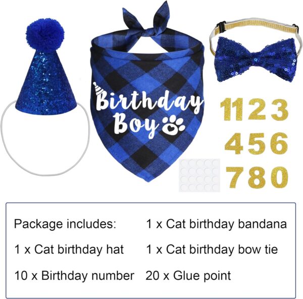 JOTFA Cat Birthday Party Supplies, Plaid Cat Kitten Birthday Boy Bandanas with Cat Birthday Hat Cat Bow Tie Birthday Number for Cat Kitten Birthday Decorations - Image 3