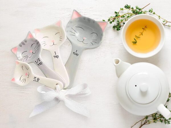 Cat Shaped Ceramic Measuring Spoons with White Ribbon - Cat Lover Gifts for Women - Cat Kitchen Accessories & Baking Measuring Tools - Durable & Cute Baking Supplies for Cat Lovers (Set of 5) - Image 2