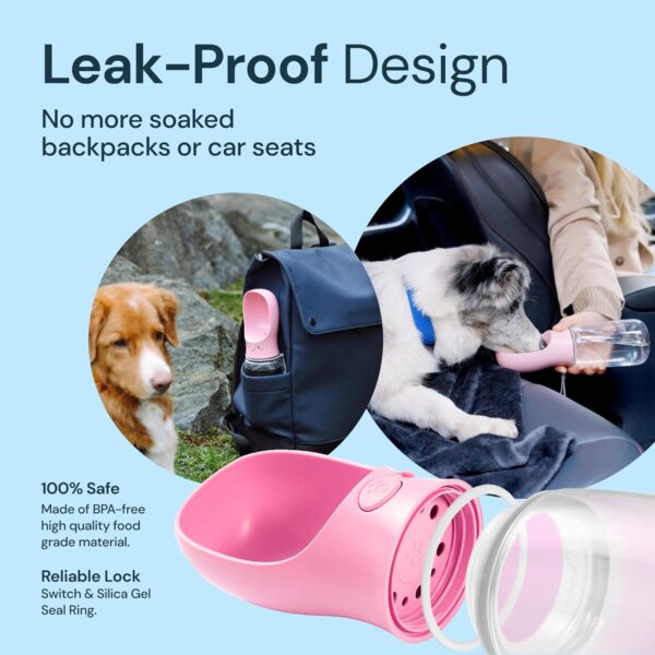 MalsiPree Portable Dog Water Bottle - Leak-Proof Bottles with Dog Bowls - Puppy Accessories Dog Water Dispenser - Drinking Water for Walking, Hiking, Travelling - Food Grade Plastic - 350ml, Pink - Image 3