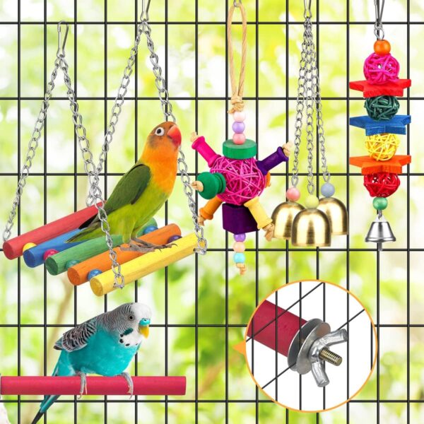 YIXUND Bird Toys for Conures with Colorful Ladder Hammock Bird Cage Accerious Bird Perch Stand Chewing Toys Hanging Bell Parrot Parakeet Cockatiel Lovebirds - Image 5