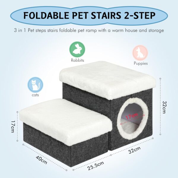 Bonlife Cat Bed for Indoor Cats,Cat house with Cat Steps,Foldable Pet Steps with Storage,Folding Pet Ramp for Bed,Pet Ladder,Dark Grey,58x40x32cm - Image 2