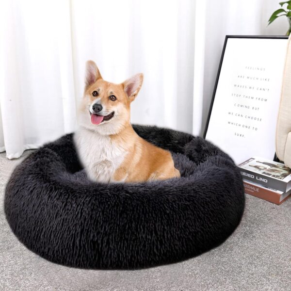 Calming Dog Bed with Removable Cover, Washable Donut Anti Anxiety Dog Beds, Soft Round Cuddler Cat Bed, Fluffy Plush Comfy Warm Puppy Pet Bed with Zip for Small Medium Dogs, 50cm Dark Grey - Image 7