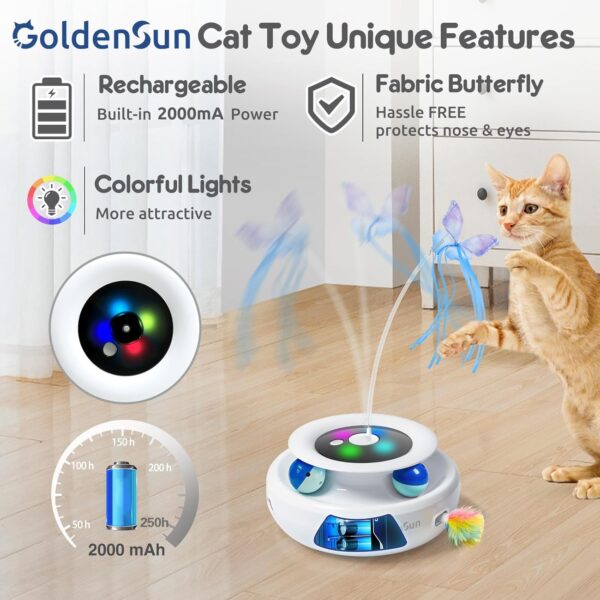 GoldenSun 3-In-1 Interactive Cat Toys for Indoor Cats Adult, Smart Cat Feather Toys, Rechargeable Power Cat Toys Balls & Handmade Butterfly Cat Toy, Cat Teaser with 6 Attachments - Image 3