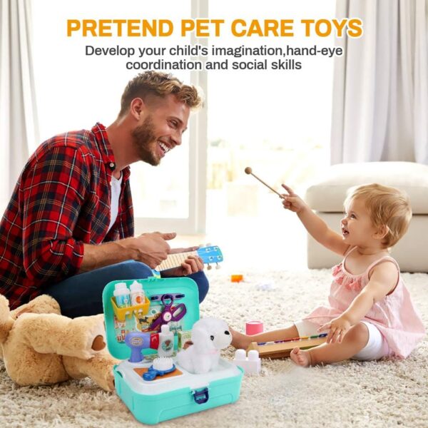 CestMall Pet Care Role Play Set, Grooming Toys Pet Care Play Set Puppy Dog Carrier Feeding Dog Backpack Vet Doctor Kit Educational Toy with Storage Case for Kids Children Girls Boys Toddlers (16 pcs) - Image 6