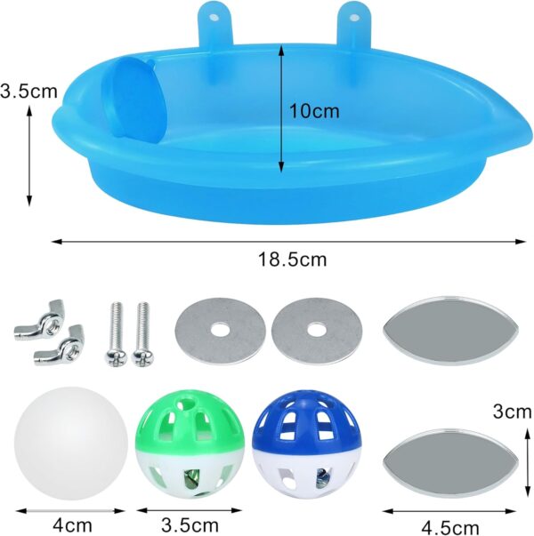 Bird Bath for Cage with Double Mirrors & 3 Balls Hanging Budgie Bath Tub Bird Food Feeder Shower Tray Parrots Bathing Tubs Budgie Toys Accessories for Budgie Parakeet Canary Bird Cage Accessories - Image 2