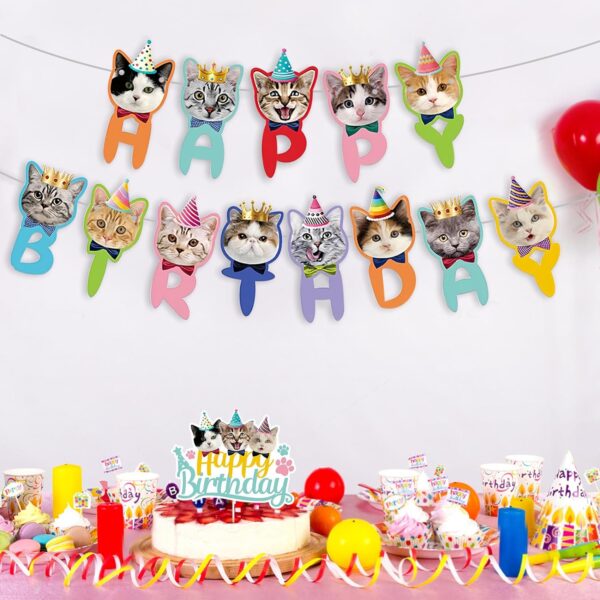 Huakaile Cat Birthday Decorations 2 Pcs, 1 Cat Happy Birthday Banner & 1 Kitty Cake Topper, Cute Kitten Face Cutouts Cat Themed Birthday Party Supplies for Girls Boys Cat Lovers… - Image 6