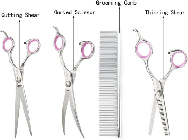 GEMEK Pet Grooming Scissors Set 4 Pieces Stainless Steel Pet Trimmer Kit Used for Dog Cat and More Pets - with 7.5-inch Cutting Scissors, Thinning Shear, Curved Scissors, Grooming Comb - Image 3