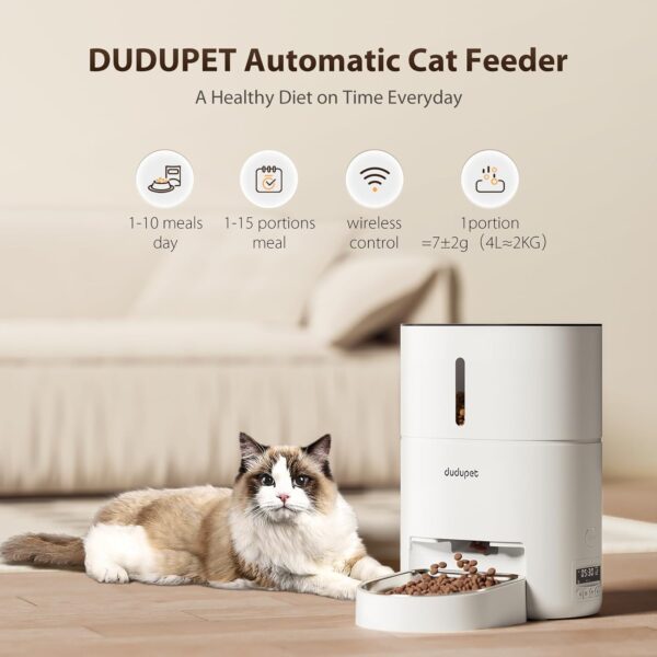 DUDUPET Automatic Cat Feeder, 4L Cat Food Dispenser Cat Feeder Automatic, 2.4G WIFI Remote Control Dual Power Supply, 10-Second Voice Recording, Stainless Steel Bowl, Suitable for Small Dogs and Cats - Image 3