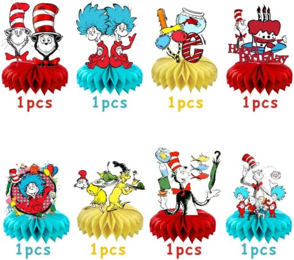 8Pcs Doctor Seuss Honeycomb Table Centerpiece, Cat in the Hat Birthday Party Supplies Table Decorations for Doctor Seuss Party Decorations - Image 2