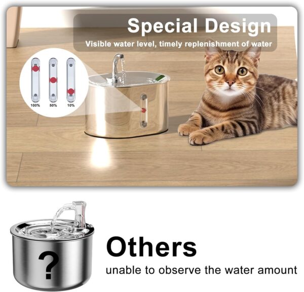 Joric Cat Water Fountain for Drinking,2.5L/85oz Stainless Steel Automatic Cat Water Fountain, with Water Level Ultra Silent,Suitable for Multiple Pets, 2 Pack Filter Replacement - Image 4