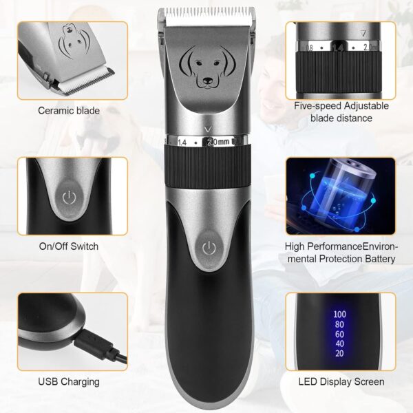 Dog Grooming Kit, Pet Clipper Shaver with LED Display, USB Rechargeable Cordless Dog Grooming Kit, Professional for Thick Coats, Low Noise, Dog Clippers with 4 Combs for Cats, and Other Pets - Image 4