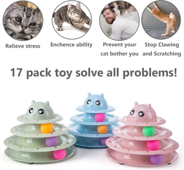 17 Pack Cat Toys Interactive for Indoor Cats Kitten Toy Fun Roller 3 Level Cat Teaser Ball Toys with Cat Feather Wand - Image 7