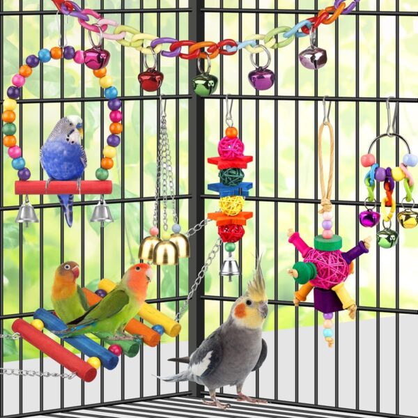 YIXUND Bird Toys for Conures with Colorful Ladder Hammock Bird Cage Accerious Bird Perch Stand Chewing Toys Hanging Bell Parrot Parakeet Cockatiel Lovebirds - Image 4