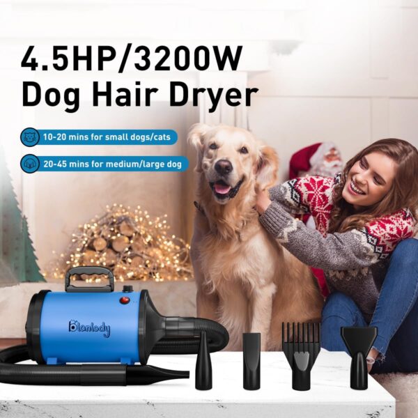 Blanlody Dog Hair Dryer Blaster 3200W/4.5HP Pet Grooming Hair Dryer Low Noise Temperature Heater with 4 Different Nozzles and Pet Grooming Brush - Image 6