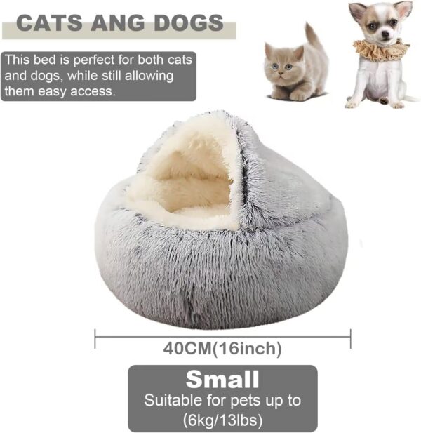 Kongming Grey Small Dog Bed 40 * 40CM(16"×16") Large Cat Bed,Doughnut Donut Dog Bed with Cave, Pet Bed Washable Fluffy Anti Anxiety Calming Dog Bed,Chew Resistant Faux Fur Plush Dog Snuggle Bed - Image 2