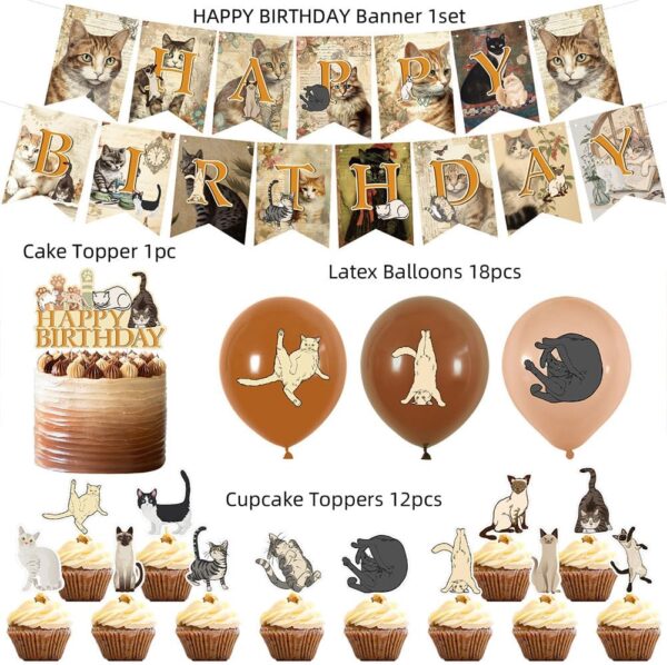 32 Pcs Cat Birthday Party Balloon Lovely Retro Cat Theme Party Supplies Happy Birthday Animal Cat Banners Balloons Cake Toppers Deco for Baby Shower - Image 2