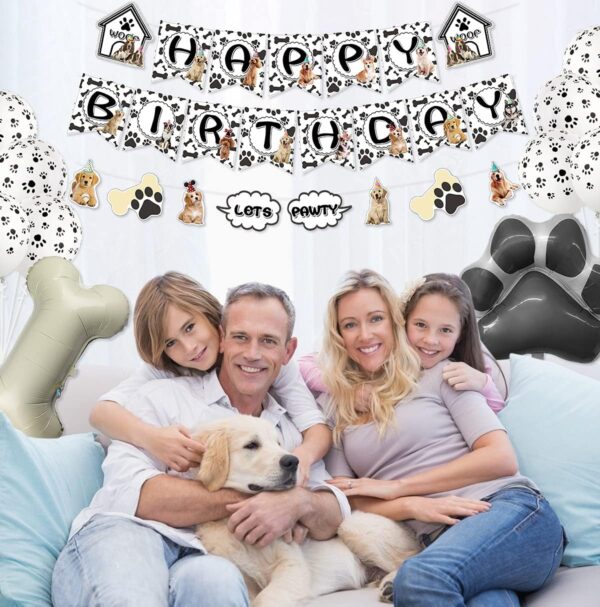 Dog Theme Party Decorations - HAPPY BIRTHDAY Dog Banner, LET'S PAWTY Bunting, Paw Tablecloth, Cake Toppers, 4 Walking Dog Balloons, 14 Paw and Bone Balloons Set for Doggy Puppy Kids Birthday Party (B) - Image 3