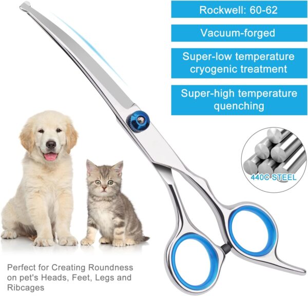 Dog Grooming Scissors with Safety Round Tip, Pet Dog Cat Curved Grooming Shears Scissors, Stainless Steel Pet Grooming Tools (Silver Down Curved Scissor) - Image 4