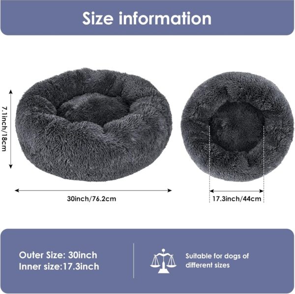 Zvonema Calming Donut Dog Bed, Soft Fluffy Plush Pet Bed for Small Medium Large Dogs and Cats, Washable Round Fur Cat Beds with Non-Slip Bottom, 76 x 76cm, Dark Grey - Image 2