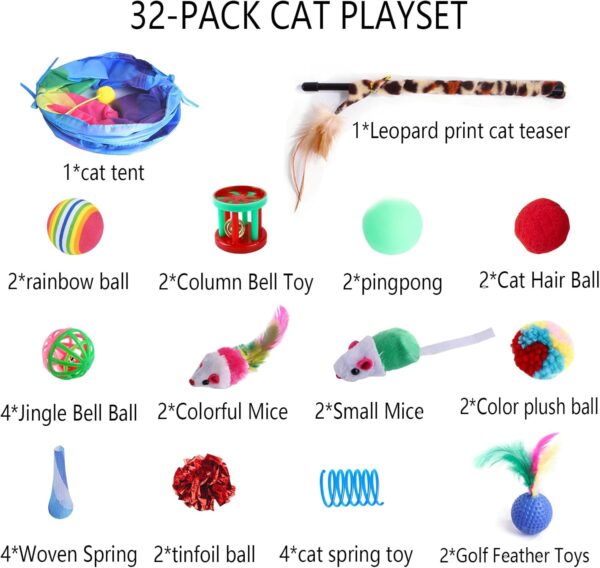 32 Pcs Cat Interactive Toys Indoor Cat Foldable Tunnel Toy Set, Cat Toy Tunnel, Plush Balls, Crinkle Balls, Fluffy Mice, Feather Lures,Cat Teasing Sticks,Cat Toy Supplies - Image 4