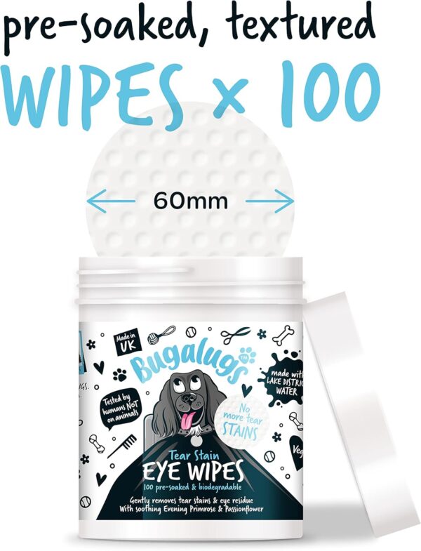 BUGALUGS Dog Eye Wipes 100 Biodegradable textured pre-soaked Dog Wipes. Safe & Easy Cleaning For Dogs - Pet Eye Wipes Remove Tear Stains, Dog Eye Crust & Eye Discharge - Image 2