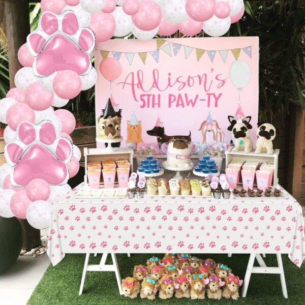 PIXHOTUL Dog Party Decorations - 3Pcs Pink Puppy Paw Tablecloths, 14Pcs Dog Paw Foil Balloons Paw Pattern Disposable Table Cover for Dog Cat Themed Birthday Party Supplies - Image 3